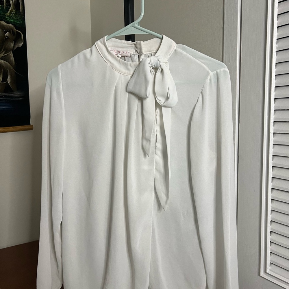 White Tie Front Blouse with Mandarin Collar